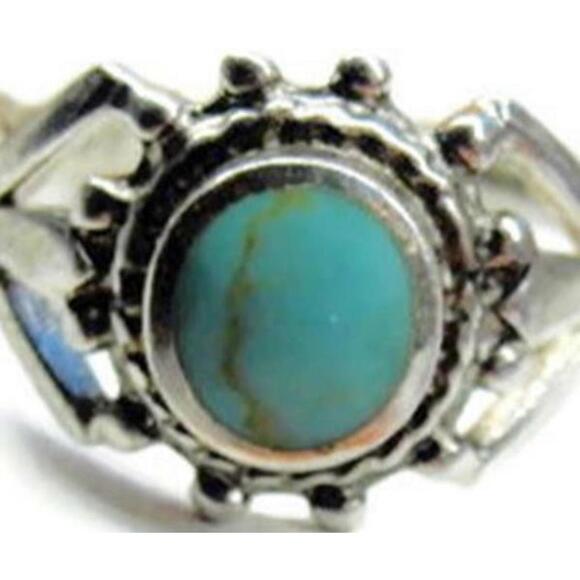 sz 6 3/4 Simulated Turquoise Women Ring Sterling Silver 925 Patina - Picture 2 of 12